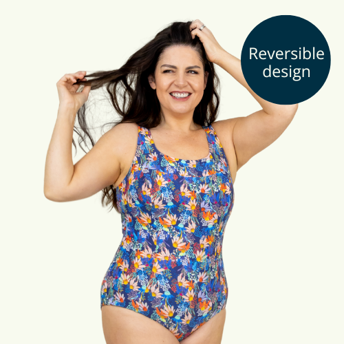 Deadstock Designs: Reversible X-Back Swimsuit Daisy & Cobalt - Hepburn