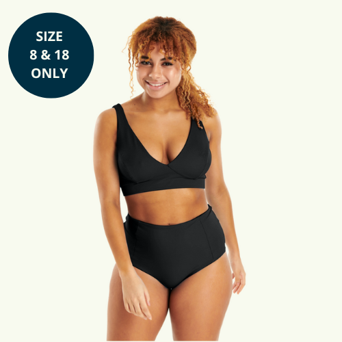 (L-R) Ebbi wears Plunge Bikini Top size 10 Monroe, High Waist Bikini Bottoms size 10: Asha wears X-Back Swimsuit size 12 Monroe; Tirion wears Plunge Bikini Top size 10 Monroe, High Waist Bikini Bottoms size 10