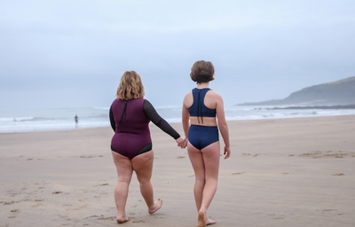 (L-R) Helen wears Long Sleeve Swimsuit size 18 Hendricks; Indi wears Swimbra High Waist Bikini Set size 10 Hepburn Top, size 10 Bottoms