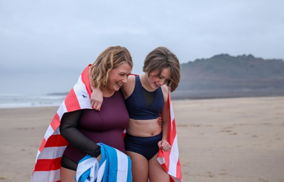 (L-R) Helen wears Long Sleeve Swimsuit size 18 Hendricks; Indi wears Swimbra High Waist Bikini Set size 10 Hepburn Top, size 10 Bottoms