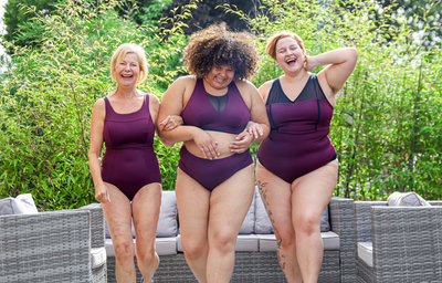 (L-R) Cim wears X-Back Swimsuit size 12 Monroe; Chania wears Swimbra High Waist Bikini Set, size 18 Hendricks Top, size 18 Bottoms; Ana wears Essential Swimsuit size 24 Monroe