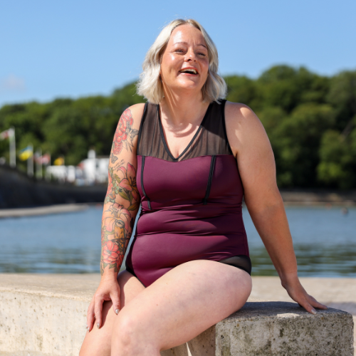 (L-R) Cim wears X-back Swimsuit size 12 Monroe; Chania wears Swimbra High Waist Bikini Set size 18 Hendricks; Ana wears Essential Swimsuit size 24 Monroe