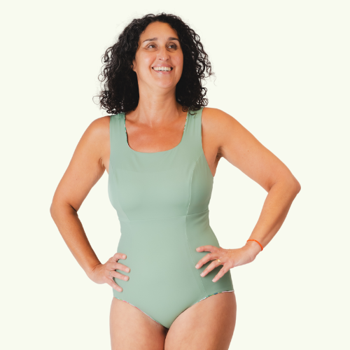 Deadstock Designs: Reversible X-Back Swimsuit in Pink Green Fern & Sage