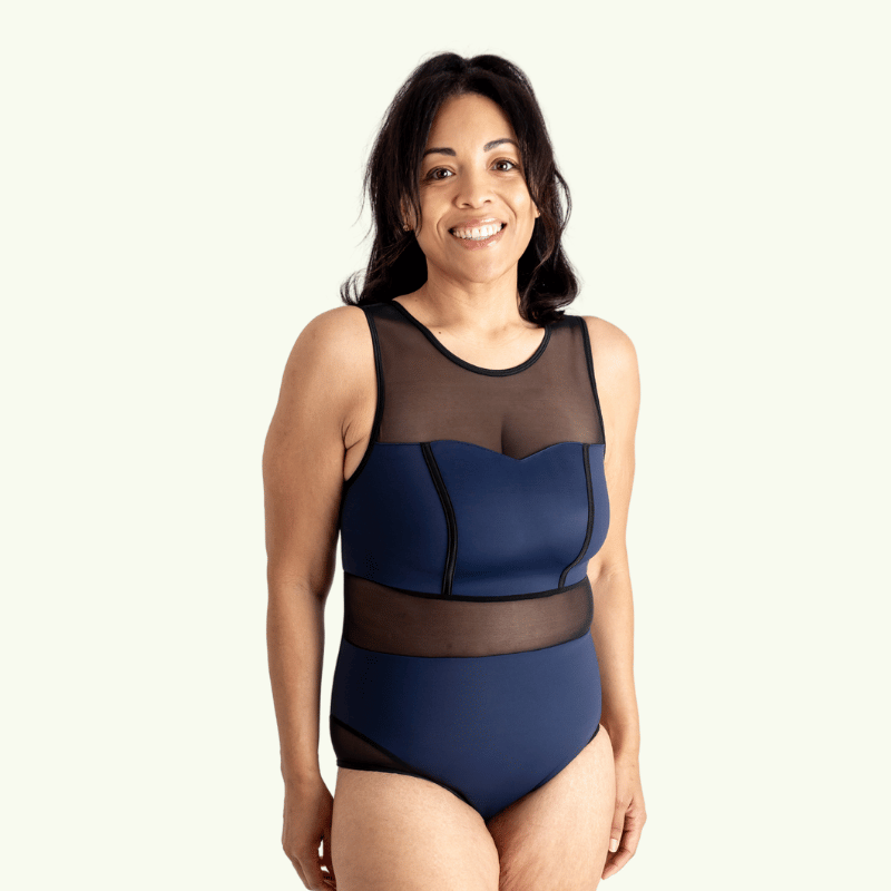 (L-R) Kelly wears Signature Swimsuit size 12 Monroe, Swim Shorts size 14; Abi wears Essential Swimsuit size 10 Hepburn