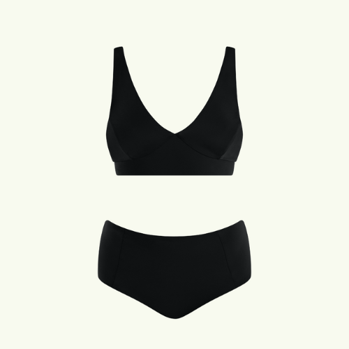 (L-R) Ebbi wears Plunge Bikini Top size 10 Monroe, High Waist Bikini Bottoms size 10: Asha wears X-Back Swimsuit size 12 Monroe; Tirion wears Plunge Bikini Top size 10 Monroe, High Waist Bikini Bottoms size 10