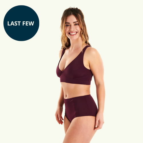 (L-R) Ebbi wears Plunge High Waist Bikini Set size 10 Monroe; Asha wears X-Back Swimsuit size 12 Monroe; Tirion wears Plunge High Waist Bikini Set size 10 Monroe