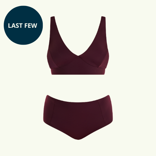 (L-R) Ebbi wears Plunge High Waist Bikini Set size 10 Monroe; Asha wears X-Back Swimsuit size 12 Monroe; Tirion wears Plunge High Waist Bikini Set size 10 Monroe